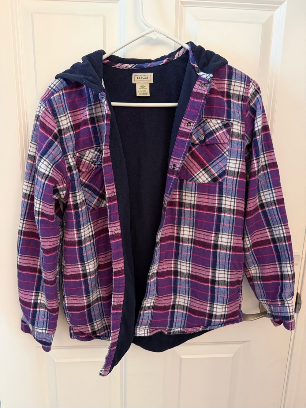 L.L. Bean Kids L (14-16) Purple Plaid Hooded Flannel Jacket